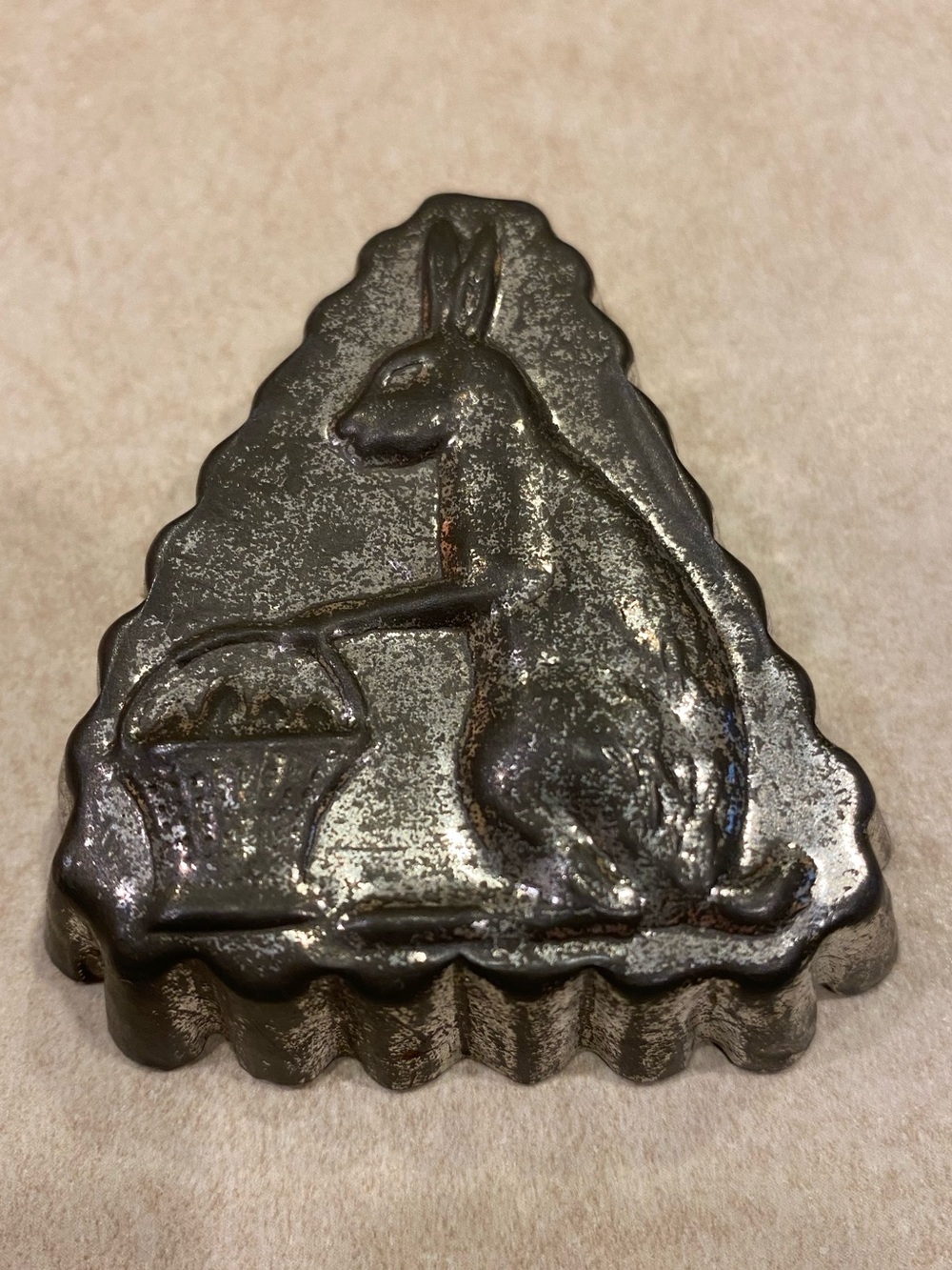 Metal Easter rabbit with a basket chocolate and candy mold Easter bunny antique
